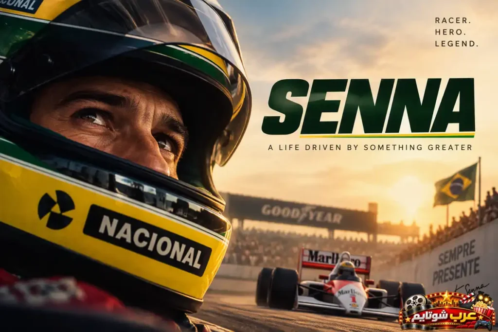ملصق فيلم Senna يُظهر سائق فورمولا 1 داخل خوذة السباق على حلبة سباق، مع سيارة فورمولا 1 واسم الفيلم Senna في الخلفية.