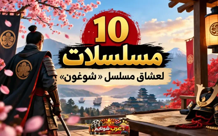 10 مسلسلات رائعة وممتعة لعشاق مسلسل شوغون، صورة تضم محاربًا يابانيًا بزي الساموراي أمام مشهد مستوحى من اليابان الإقطاعية مع القلاع والجبال وأزهار الكرز.