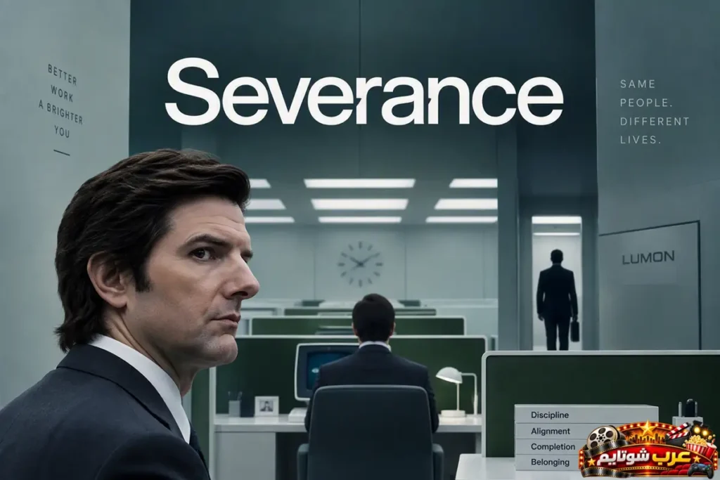 ملصق مسلسل Severance (الشطر) يُظهر موظفاً في بيئة مكتبية حديثة وغامضة، في عمل يستكشف الفصل بين الحياة المهنية والشخصية ضمن أجواء من التشويق النفسي.