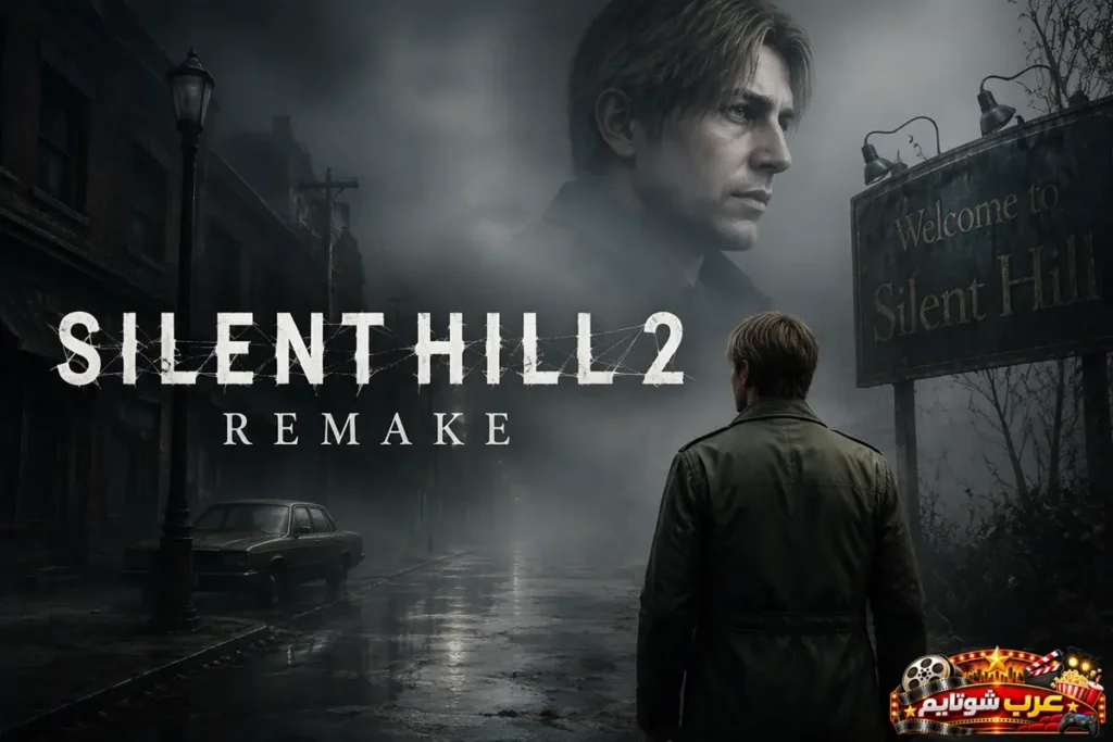 بوستر لعبة Silent Hill 2 Remake (2024) يُظهر جيمس سندرلاند في شوارع سايلنت هيل الضبابية مع لافتة Welcome to Silent Hill وشعار اللعبة.