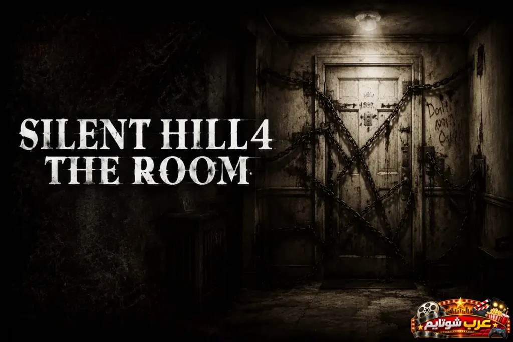 بوستر لعبة Silent Hill 4: The Room يُظهر باب شقة مغلقاً ومقيّداً بالسلاسل داخل ممر مظلم، مع شعار اللعبة Silent Hill 4: The Room.