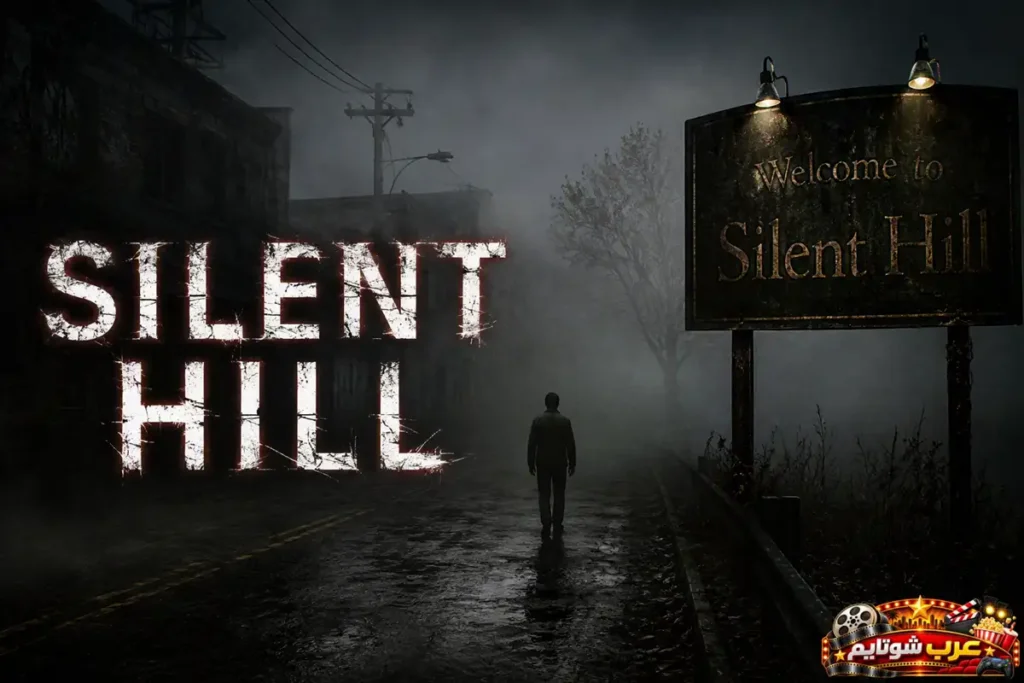 بوستر لعبة Silent Hill الأصلية الصادرة عام 1999 يُظهر شخصية تسير في شارع ضبابي قرب لافتة Welcome to Silent Hill مع شعار اللعبة.