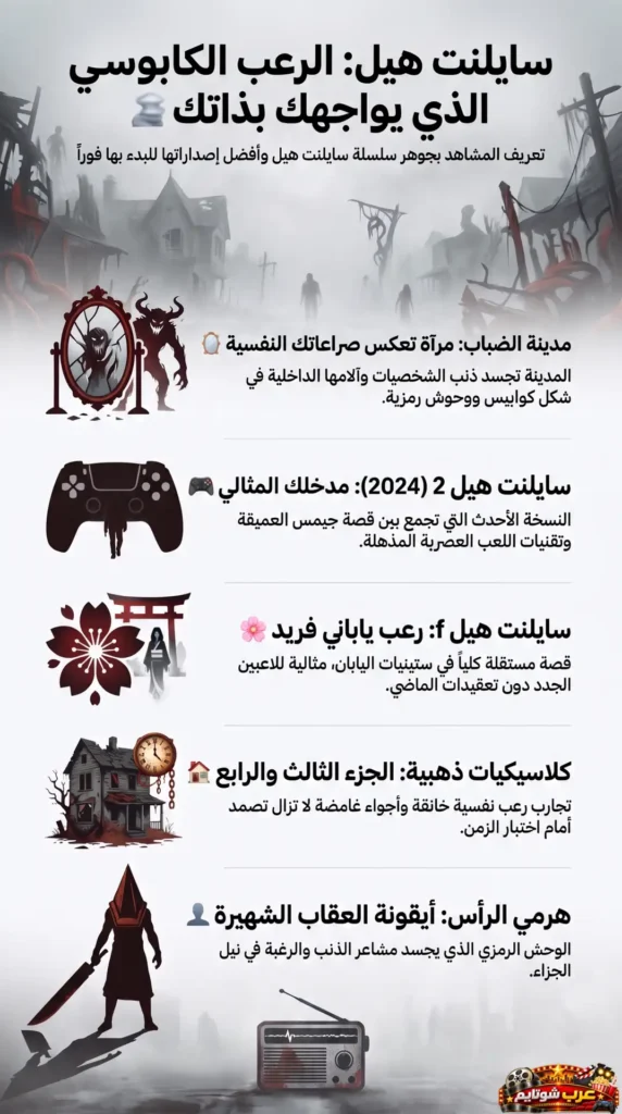 إنفوجرافيك يوضح عالم سلسلة Silent Hill وأفضل ألعاب السلسلة للبدء، مع شرح مدينة الضباب وشخصية هرم الرأس ولعبة Silent Hill 2 وSilent Hill f.