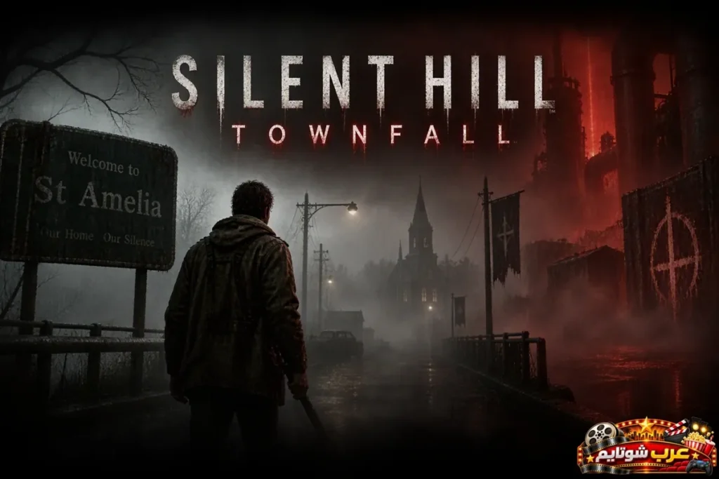 بوستر لعبة Silent Hill: Townfall يُظهر شخصية تقف في شارع ضبابي داخل مدينة St Amelia المظلمة، مع أجواء صناعية مخيفة وعنوان اللعبة في أعلى الصورة.