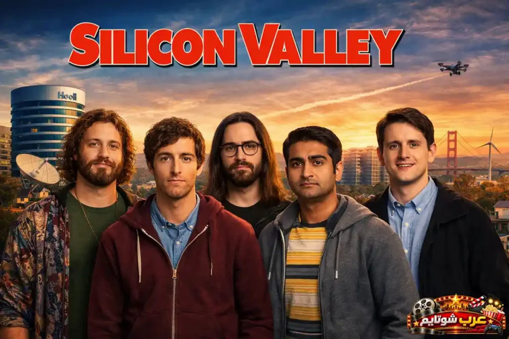 ملصق مسلسل Silicon Valley یعرض مجموعة من روّاد التكنولوجیا في أجواء مبتكرة داخل وادي السیلیكون.