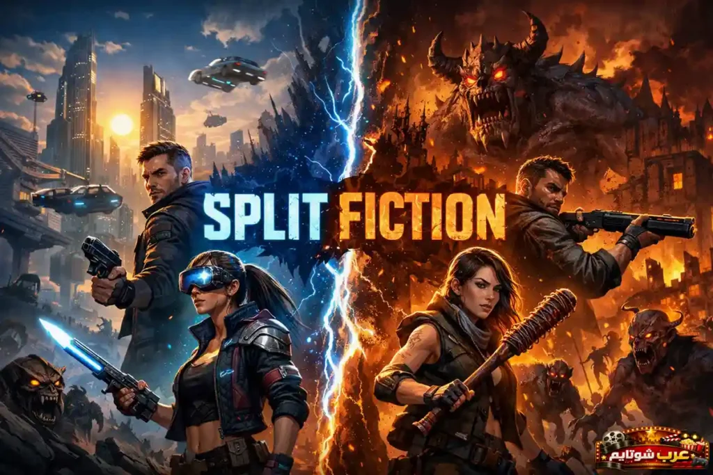 ملصق لعبة Split Fiction يعرض عالمين متناقضين بين مدينة مستقبلية سايبربنك ومشهد مظلم مليء بالنيران والمخلوقات، مع شعار اللعبة في المنتصف.