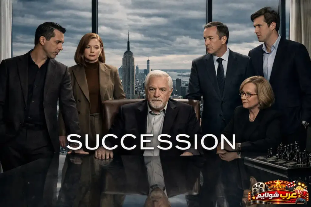 ملصق مسلسل Succession یعرض أفراد عائلة روی في أجواء تجاریة متوتّرة داخل مكتب یطلّ على ناطحات السحاب.