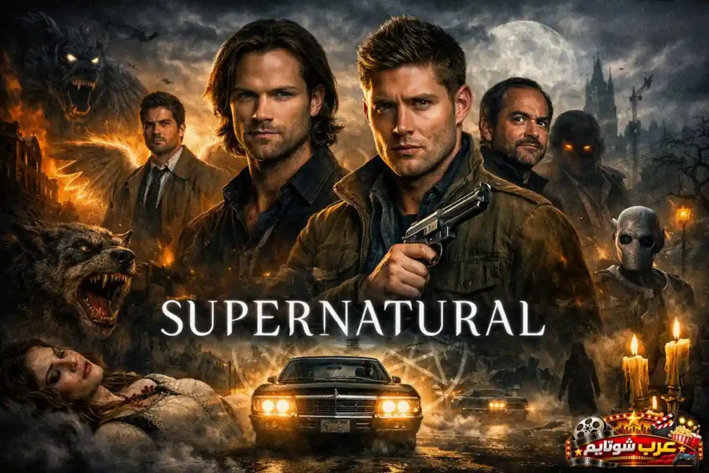 ملصق مسلسل Supernatural يظهر الأخوين وينشستر مع مخلوقات خارقة وخلفية مظلمة تعكس أجواء الرعب والإثارة