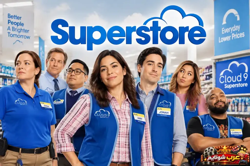 بوستر مسلسل Superstore يضم مجموعة من موظفي متجر Cloud 9 مع شعار المسلسل داخل متجر تجزئة كبير.