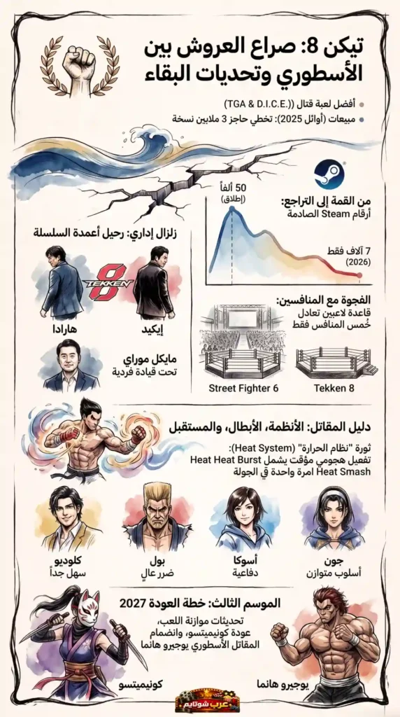 إنفوغرافيك شامل للعبة Tekken 8 يعرض تطور السلسلة، أبرز المقاتلين، والإحصاءات التنافسية مع مؤثرات بصرية قتالية.