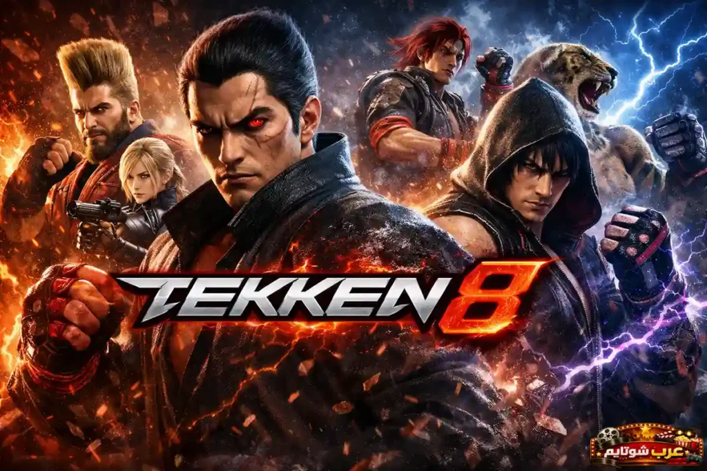 ملصق ترويجي للعبة Tekken 8 يضم مجموعة من شخصيات السلسلة في وضعيات قتالية ديناميكية وسط مؤثرات نارية وكهربائية.