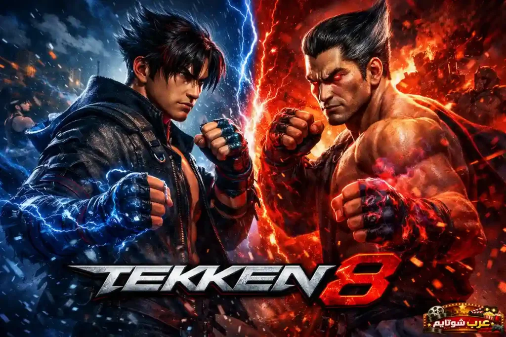 ملصق لعبة Tekken 8 يعرض مواجهة قتالية شرسة بين شخصيتين رئيسيتين وسط تأثيرات نارية وكهربائية مع شعار اللعبة في الأسفل.