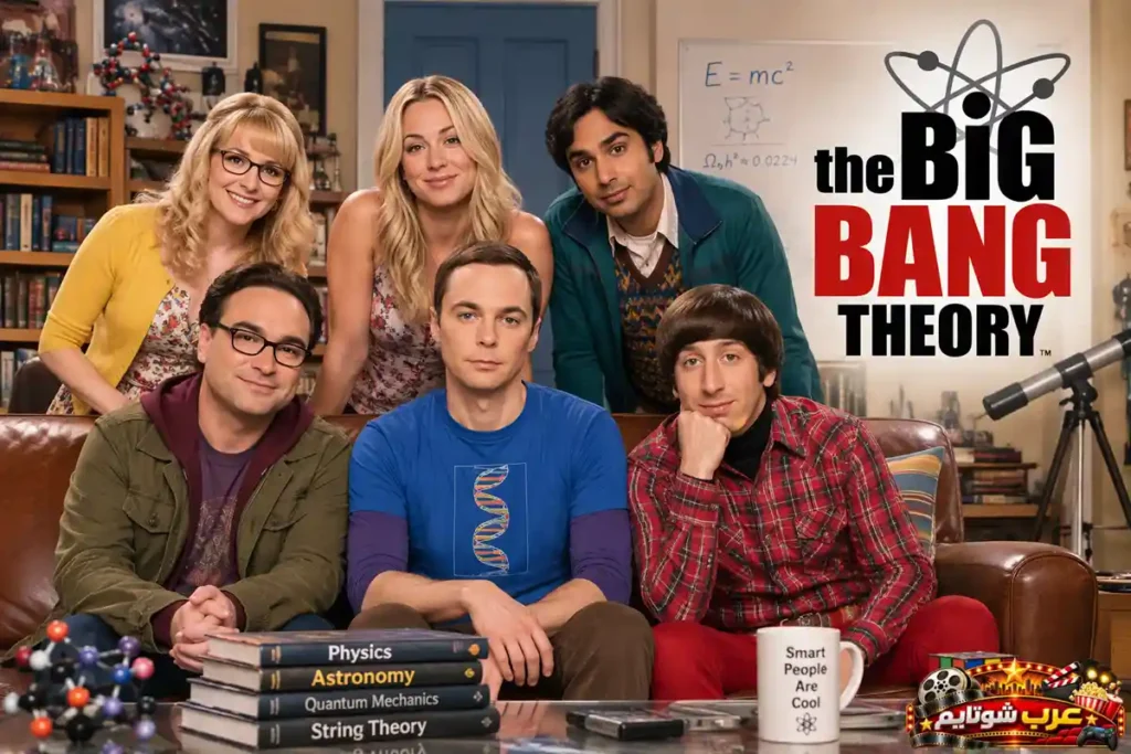 بوستر مسلسل The Big Bang Theory يضم الشخصيات الرئيسية مع شعار المسلسل وعناصر علمية داخل شقة الأصدقاء.