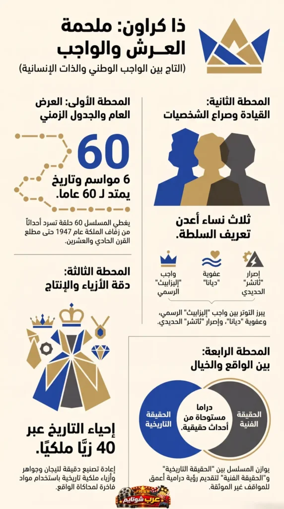 إنفوغرافيك لمسلسل «التاج» يوضح أبرز محطّات العمل من حيث الجدول الزمني، صراع الشخصيات، دقة الإنتاج، والعلاقة بين الواقع والخيال.