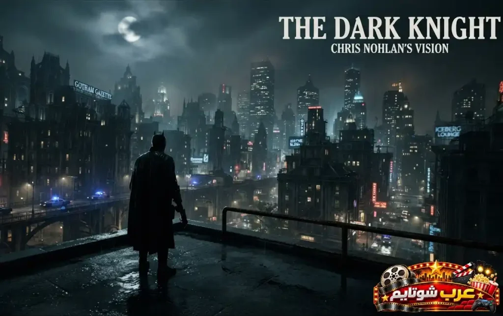 ملصق فيلم فارس الظلام (The Dark Knight) يظهر بطلاً مقنعاً واقفاً على سطح مبنى مرتفع يراقب أفق مدينة ليلية مضاءة بالأضواء وسط أجواء مظلمة وسينمائية.