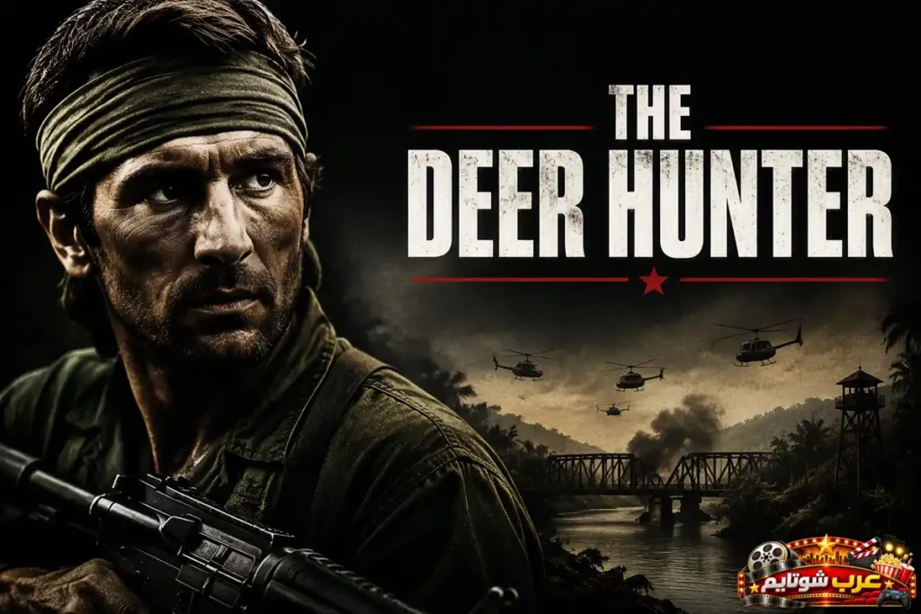 ملصق فيلم صائد الغزلان (The Deer Hunter) يُظهر جندياً يحمل سلاحه على خلفية مشاهد حرب ومروحيات عسكرية، في أجواء درامية تعكس تأثير الحرب على حياة الأفراد.