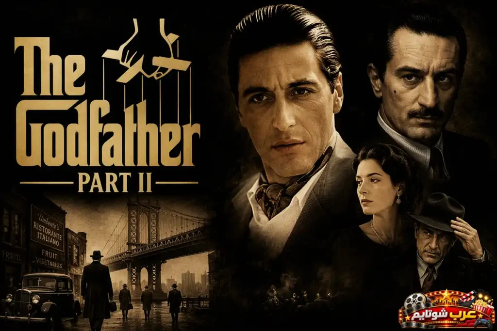 ملصق فيلم العراب: الجزء الثاني (The Godfather Part II) يبرز الشخصيات الرئيسية في أجواء درامية تعكس الصراع على السلطة والنفوذ داخل عائلة كورليوني.