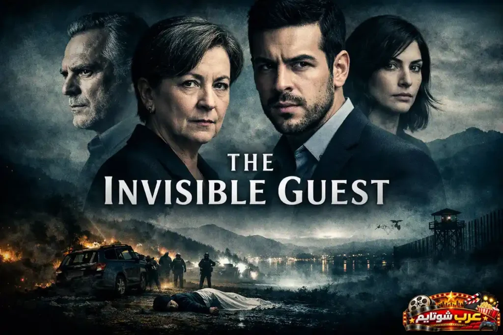 بوستر فيلم «الضيف الخفي» يعرض الشخصيات الرئيسية في أجواء غامضة مع خلفية تحقيق جنائي.