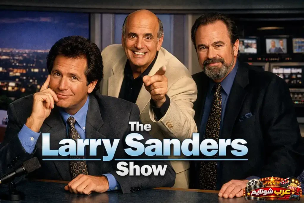 ملصق مسلسل The Larry Sanders Show یعرض مقدّم البرنامج وفریق العمل في أجواء استودیو تلفزیوني خلف الكوالیس.