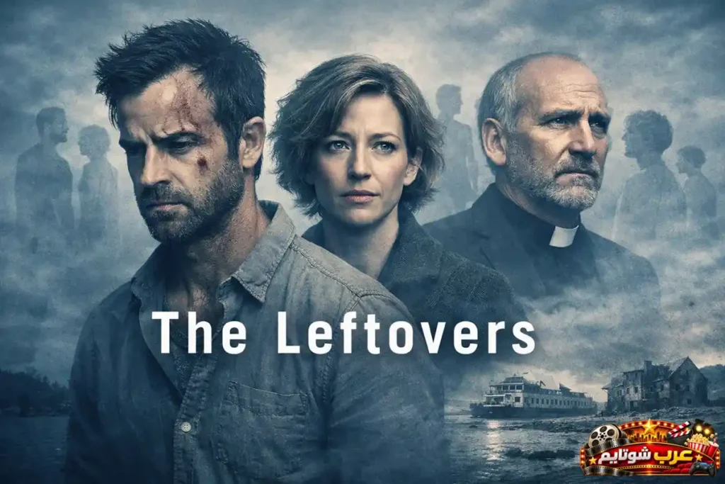 ملصق مسلسل The Leftovers یعرض الشخصیات الرئیسیة في أجواء غامضة ومشحونة بالمشاعر بعد حدث الاختفاء الكبیر.