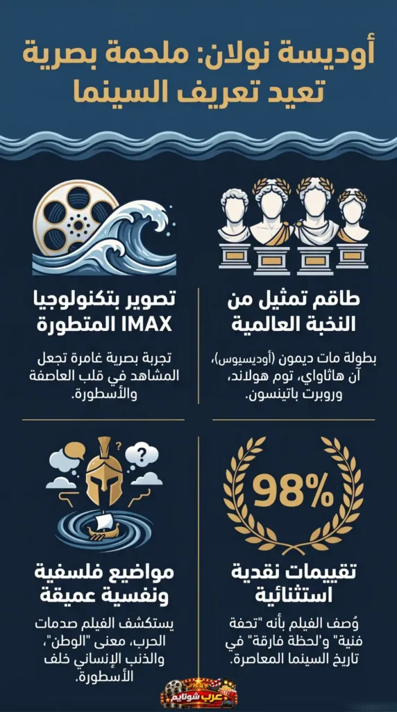 إنفوغرافيك يعرض ملخصاً بصرياً لفيلم «أوديسه» من خلال عناصر أسطورية يونانية، معلومات عن التصوير بتقنية IMAX، طاقم التمثيل العالمي، والمواضيع الفلسفية العميقة، مع إبراز التقييمات النقدية العالية.
