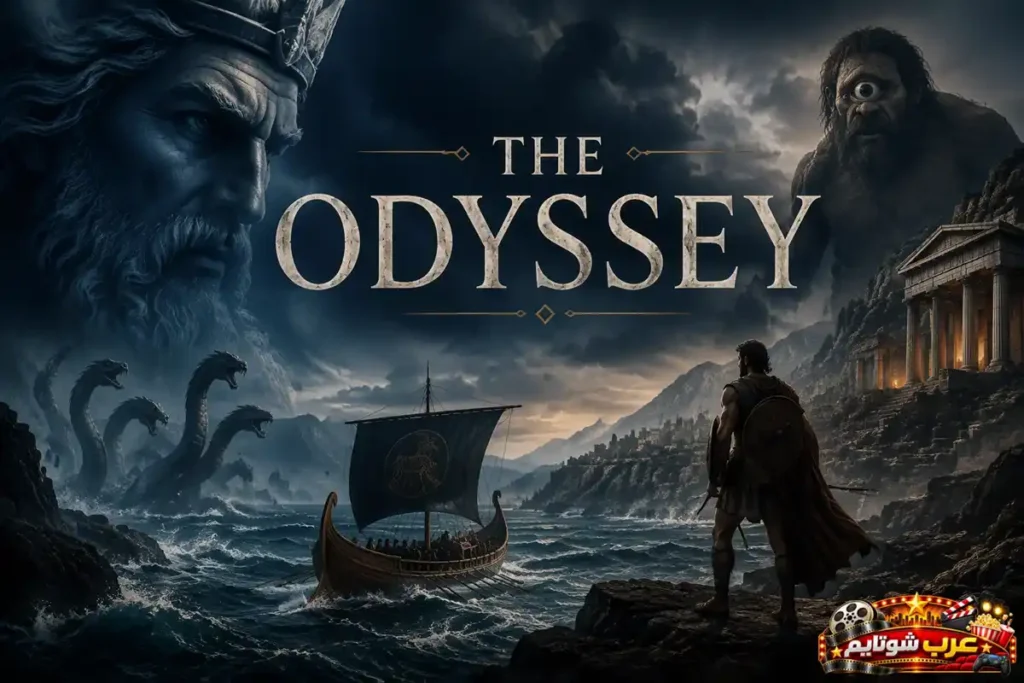 بوستر ملحمي لفيلم «أوديسه» يُظهر سفينةً يونانيّة وسط عاصفة، وبوسيدون يلوح من بين الغيوم، مع ظهور أوديسيوس على صخرة ومخلوقاتٍ أسطورية مثل السيكلوب وثعابين البحر.