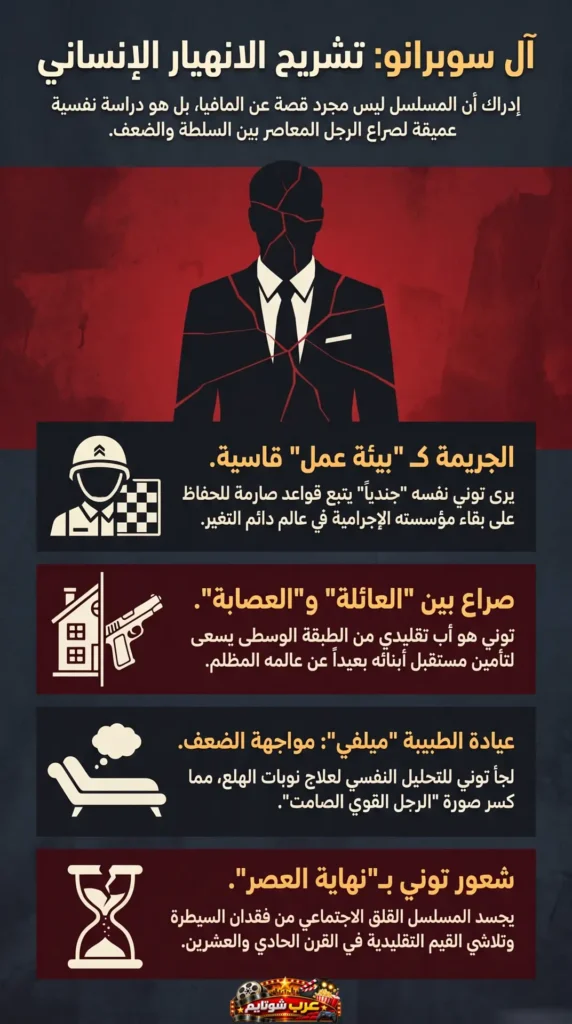 إنفوجرافيك عن مسلسل «آل سوبرانو» يشرح الأبعاد النفسية والإنسانية للعمل، بما في ذلك الصراع بين العائلة والعصابة، والعلاج النفسي، وشعور نهاية العصر في عالم الجريمة المنظمة.