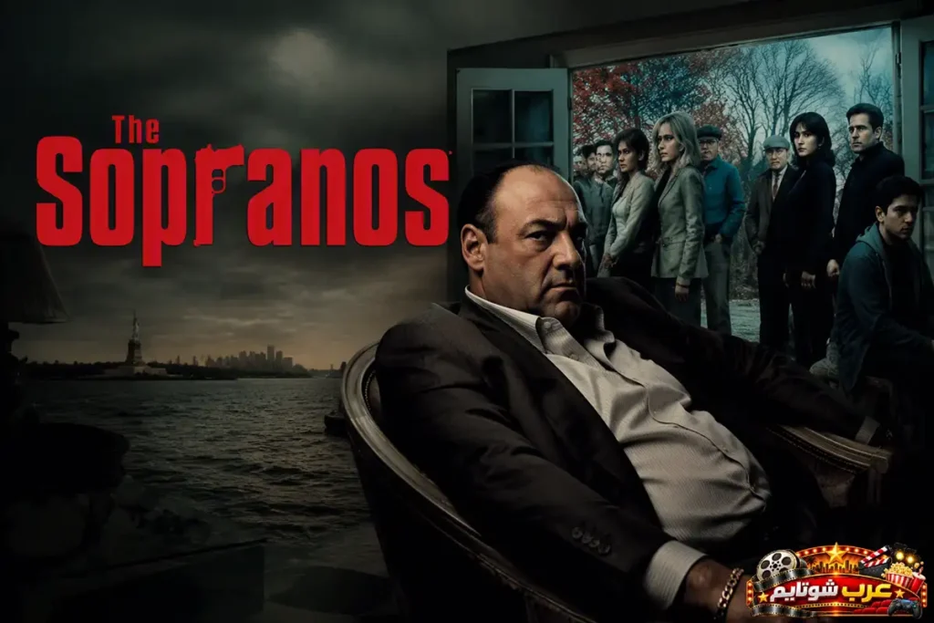 ملصق فني لمسلسل «آل سوبرانو» (The Sopranos) يظهر الشخصية المحورية في مقدمة المشهد مع عدد من الشخصيات الرئيسية وخلفية تعكس أجواء الدراما والجريمة المنظمة.