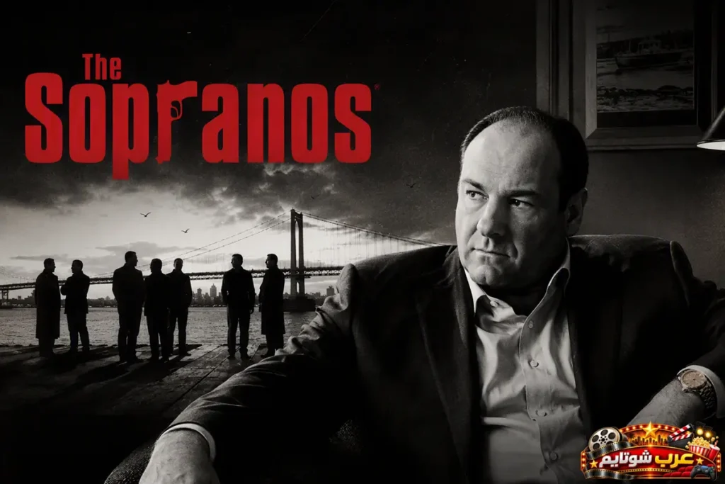 ملصق فني بالأبيض والأسود لمسلسل «آل سوبرانو» (The Sopranos) يُظهر الشخصية الرئيسية في مقدمة المشهد مع مجموعة من الشخصيات في الخلفية وجسر يرمز إلى أجواء الجريمة المنظمة والصراعات الداخلية.