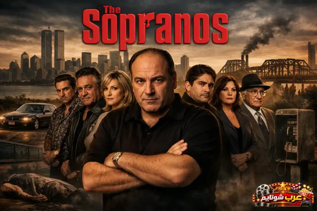 ملصق مسلسل The Sopranos يظهر الشخصيات الرئيسية أمام أفق مدينة نيويورك في تصميم درامي يعكس عالم الجريمة المنظمة.