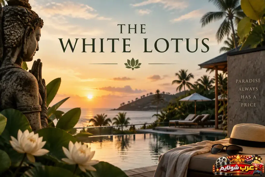 بوستر مسلسل اللوتس الأبيض (The White Lotus) يظهر منتجعاً فاخراً مطلاً على البحر عند غروب الشمس مع عنوان المسلسل بالإنجليزية وأجواء استوائية هادئة.