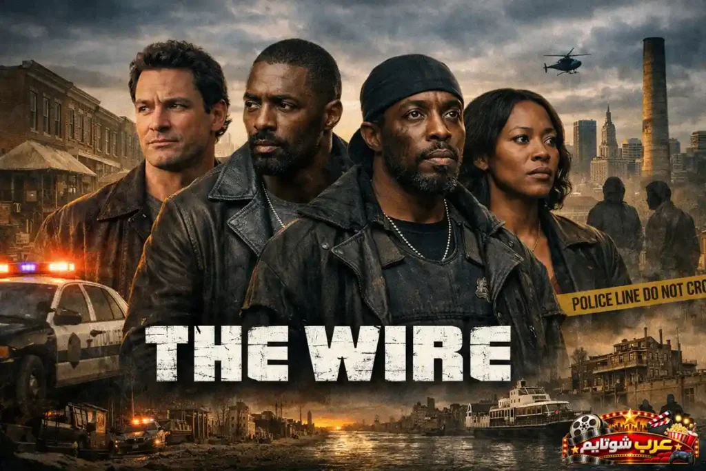 ملصق مسلسل The Wire يعرض الشخصيات الرئيسية في أجواء مدينة أمريكية قاسية تتصدّرها عناصر الجريمة والتحقيقات.