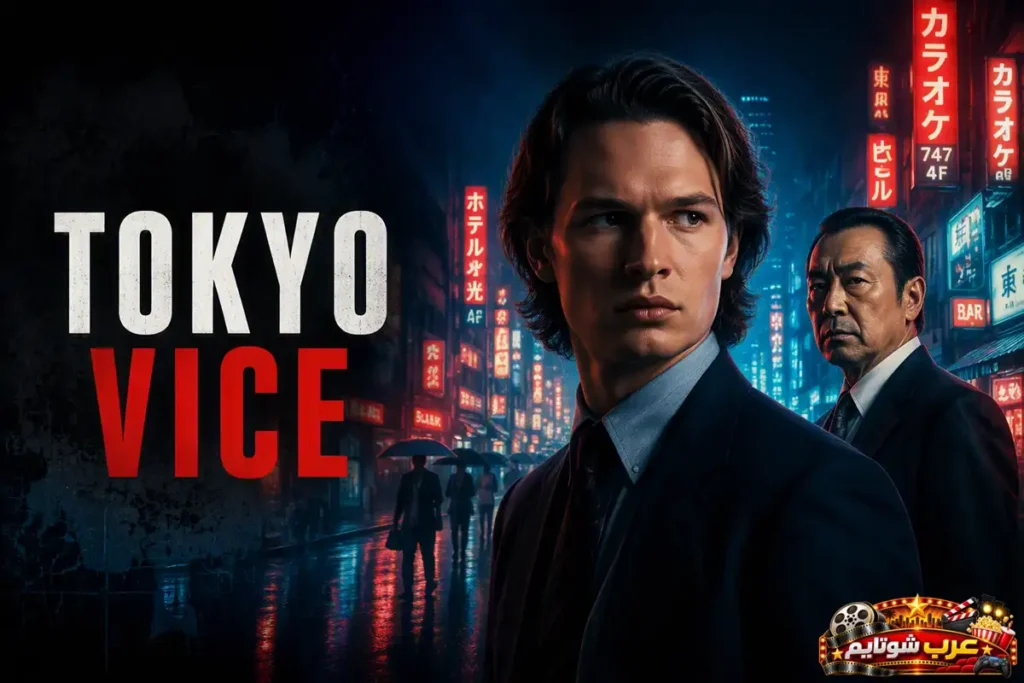 ملصق مسلسل Tokyo Vice يظهر صحفيًا شابًا في شوارع طوكيو الليلية المضيئة بأضواء النيون وسط أجواء الجريمة والتحقيق.