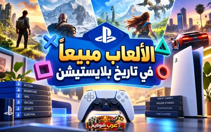 صورة ترويجية ملوّنة تُظهر شعار بلايستيشن مع مجموعة من الألعاب الشهيرة مثل Horizon و God of War، بالإضافة إلى جهاز بلايستيشن 5 ووحدة التحكم DualSense، في تصميم يعكس تنوّع ألعاب المنصة الأكثر مبيعاً في تاريخها.