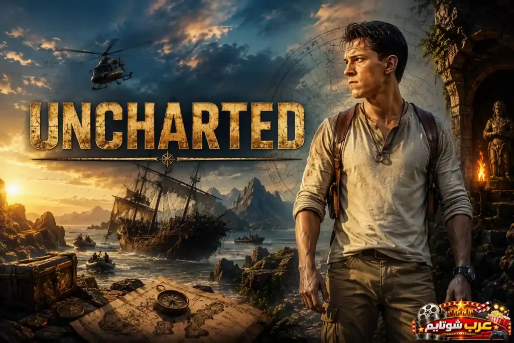 ملصق فيلم أنشارتد Uncharted يُظهر مغامراً يبحث عن الكنوز وسط سفينة تاريخية وحطام أثري وخريطة قديمة في أجواء مليئة بالإثارة والاستكشاف.