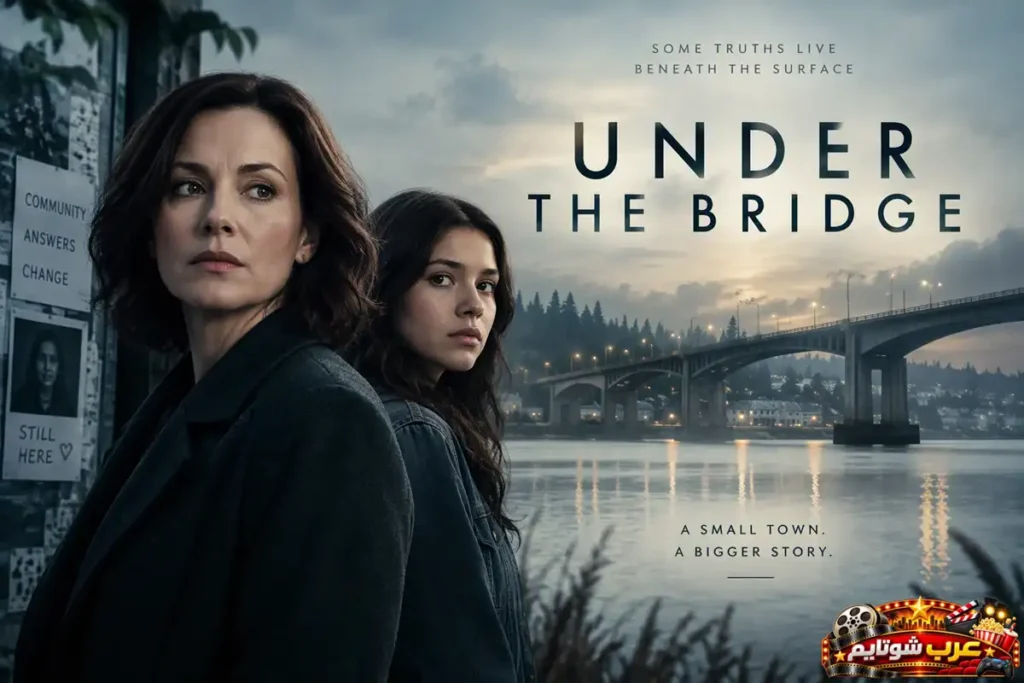 ملصق مسلسل Under the Bridge (تحت الجسر) يُظهر شخصيتين قرب ضفة نهر وجسر في خلفية ضبابية، ضمن قصة غامضة مستوحاة من جريمة هزّت مجتمعاً صغيراً.