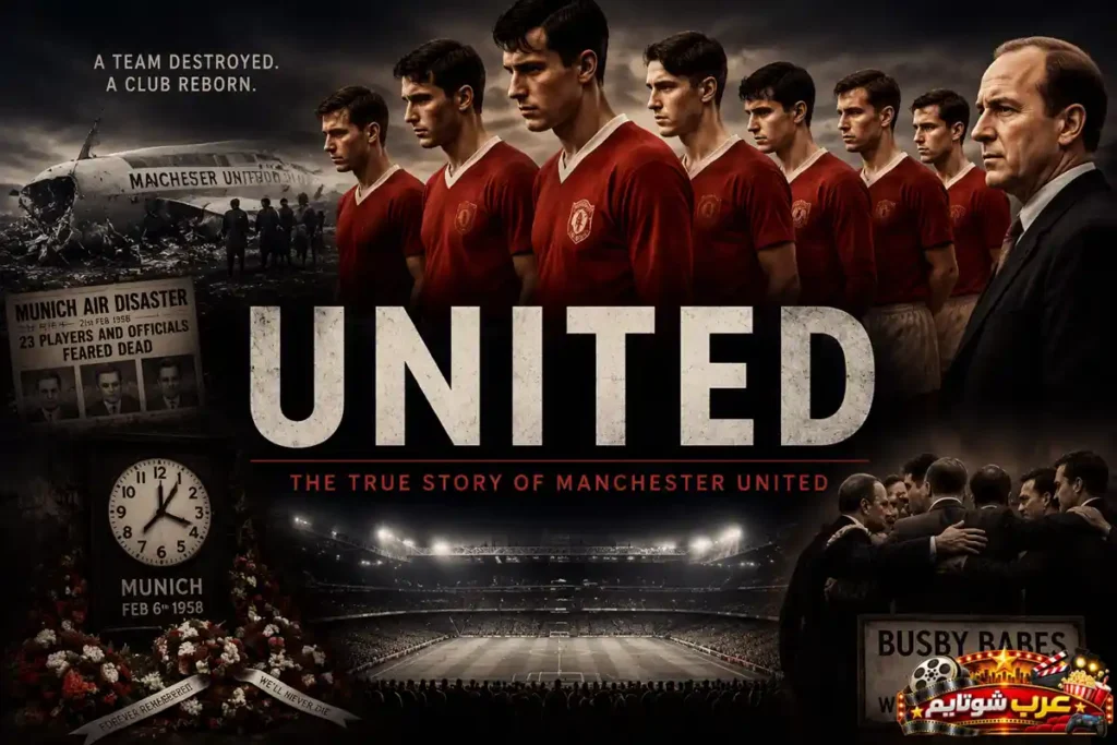ملصق فيلم United يُظهر لاعبي مانشستر يونايتد الشباب ومدرب الفريق في أعقاب كارثة ميونيخ الجوية، مع ظهور اسم الفيلم United في منتصف الصورة.