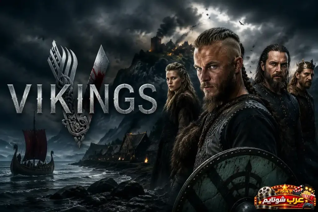 ملصق مسلسل Vikings يُظهر مجموعة من المحاربين الإسكندنافيين وسفينة فايكنغ وسط أجواء حربية وتاريخية ملحمية.
