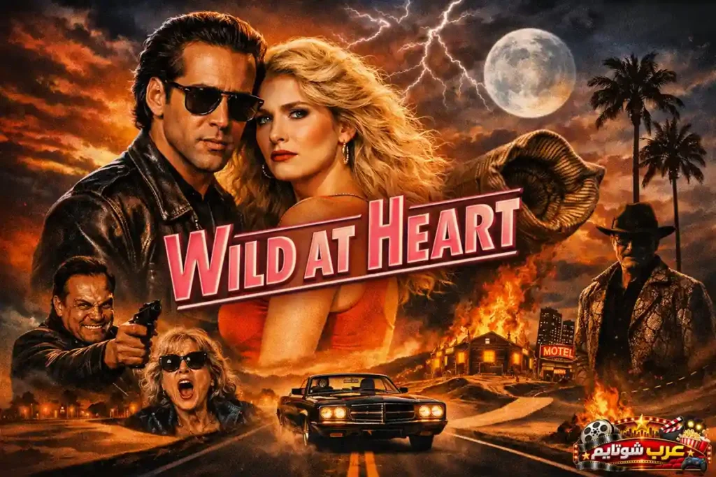 ملصق سينمائي لفيلم «قلب الوحش» (Wild at Heart) يُظهر الشخصيات الرئيسية وسط أجواء درامية مليئة بالنار والبرق والطريق الليلي.