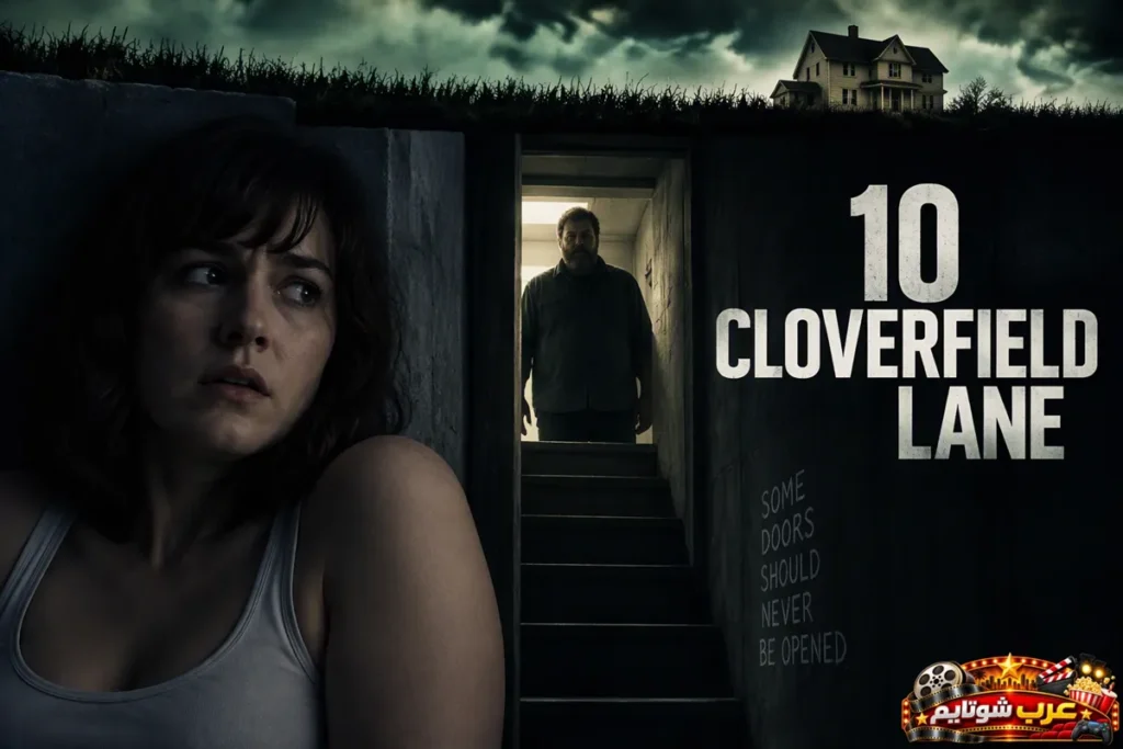 بوستر فيلم 10 Cloverfield Lane يظهر فيه شابة خائفة في المقدمة ورجل يقف عند مدخل ملجأ مظلم تحت الأرض.