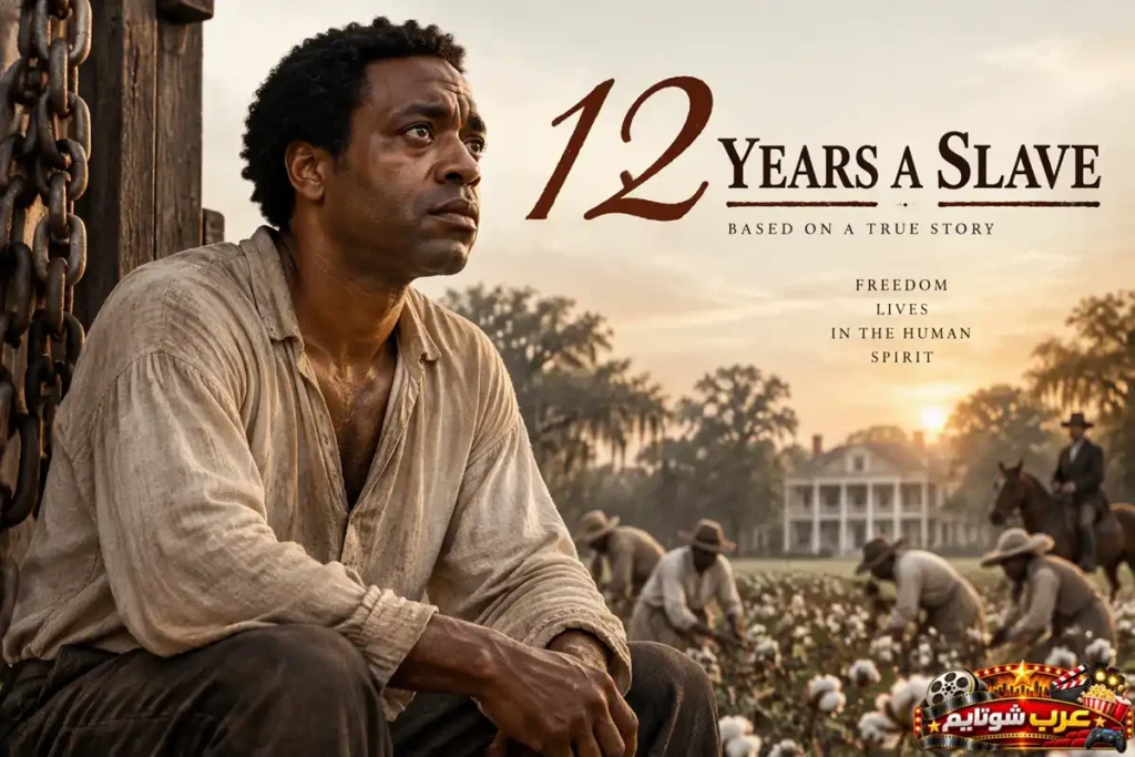 ملصق فيلم «12 Years a Slave» يُظهر رجلاً يجلس في حقل خلال فترة العبودية في الولايات المتحدة، في مشهد يرمز إلى الصمود والأمل والنضال من أجل الحرية.