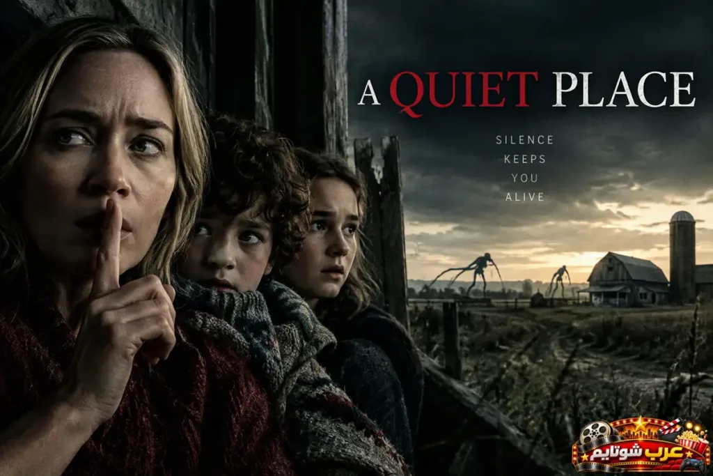 بوستر فيلم A Quiet Place يظهر فيه إيميلي بلانت تضع إصبعها على فمها مع أطفالها، وفي الخلفية مخلوقات غامضة ومنزل ريفي.