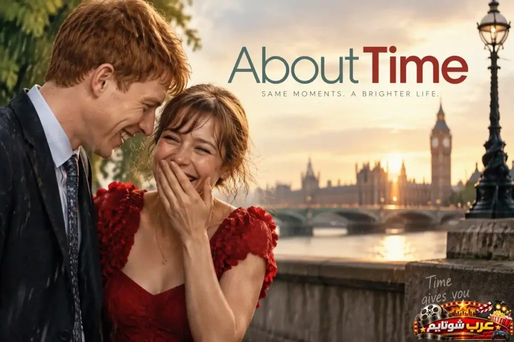 الملصق الدعائي لفيلم عن الوقت (About Time) يظهر تيم وماري يبتسمان على ضفاف نهر التايمز في لندن.