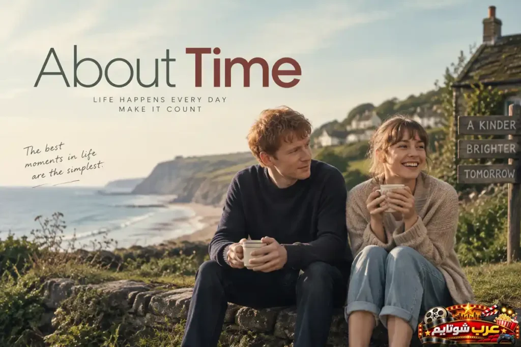 بوستر فيلم عن الوقت (About Time) يظهر تيم وماري يجلسان بجانب الشاطئ ويشربان القهوة في أجواء دافئة.
