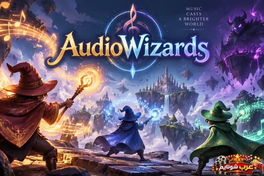 ملصق لعبة AudioWizards يظهر ثلاثة سحرة يرتدون عباءات ملونة ويحملون عصياً سحرية يطلقون بها تعاويذ وملاحظات موسيقية في عالم خيالي من الجزر الطافية والقلعة السحرية.