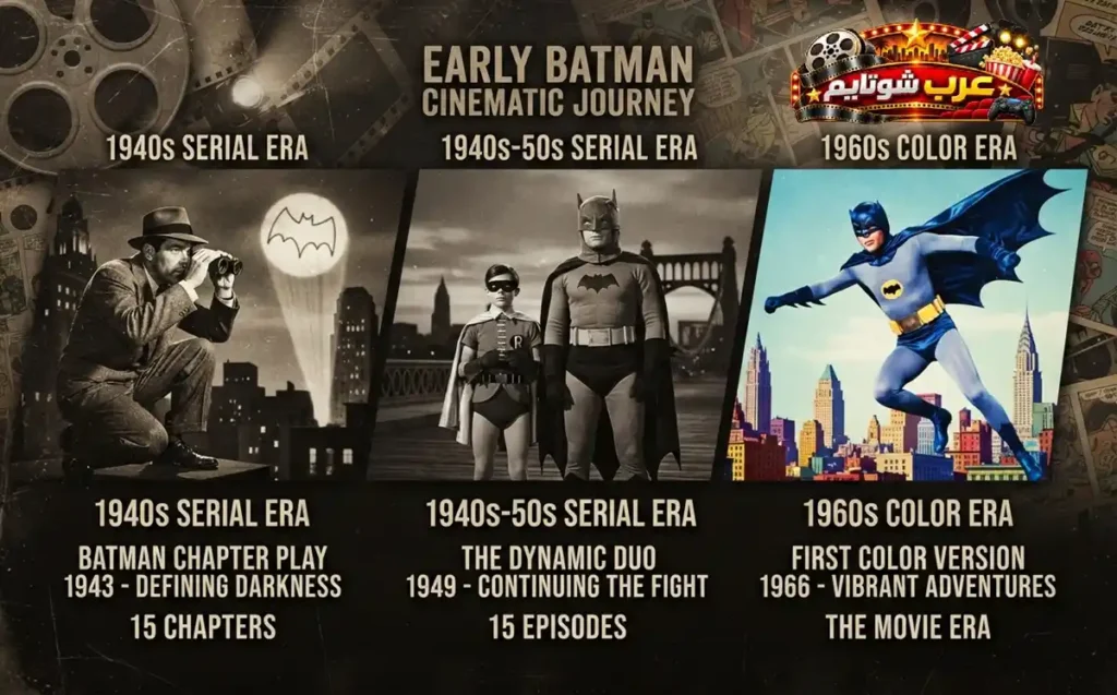 ملصق يستعرض البدايات السينمائية لشخصية باتمان، ويضم مسلسل Batman (1943)، ومسلسل Batman and Robin (1949)، وفيلم Batman (1966)، مع إبراز تطور الشخصية من العصر الأبيض والأسود إلى العصر الملون.