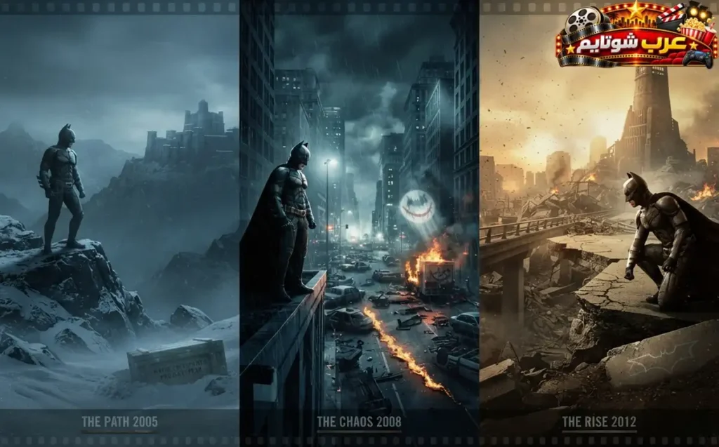 ملصق فني مستوحى من ثلاثية باتمان للمخرج كريستوفر نولان، ويجمع بين أفلام Batman Begins (2005) وThe Dark Knight (2008) وThe Dark Knight Rises (2012)، مع مشاهد تعكس رحلة فارس الظلام من البداية إلى المواجهة الأخيرة.