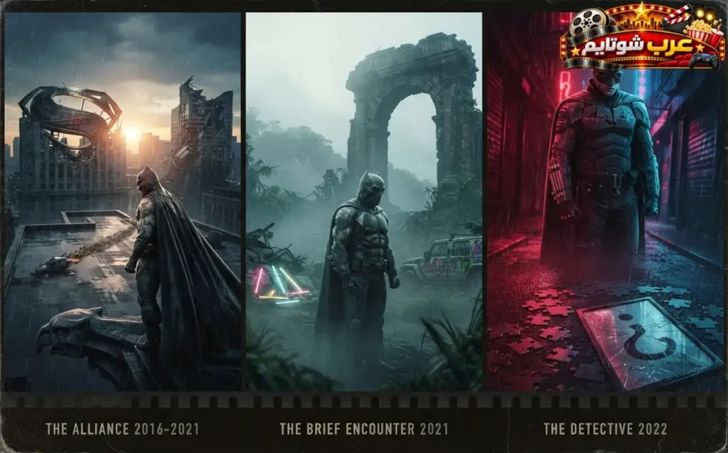 ملصق فني يستعرض تطور أفلام باتمان بين عامي 2016 و2022، ويجسد انتقال الشخصية من عالم الأبطال الخارقين الجماعي إلى النسخة التحقيقية الأكثر واقعية في فيلم The Batman.