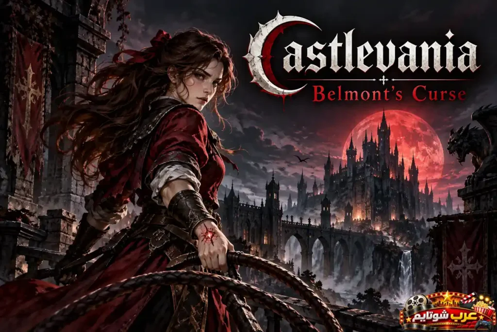 بوستر رسمي للعبة Castlevania Belmonts Curse يظهر البطلة روز بلمونت مع الشعار وقلعة دراكولا
