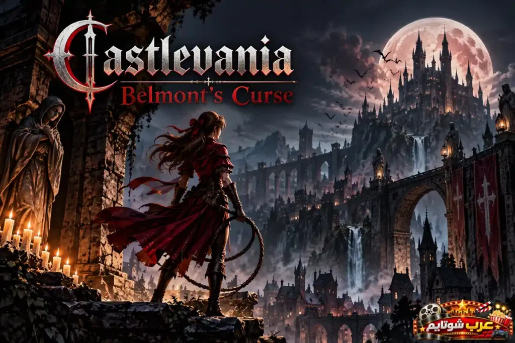 بوستر ثالث للعبة Castlevania Belmonts Curse يظهر البطلة من الخلف وهي تنظر إلى قلعة دراكولا تحت القمر